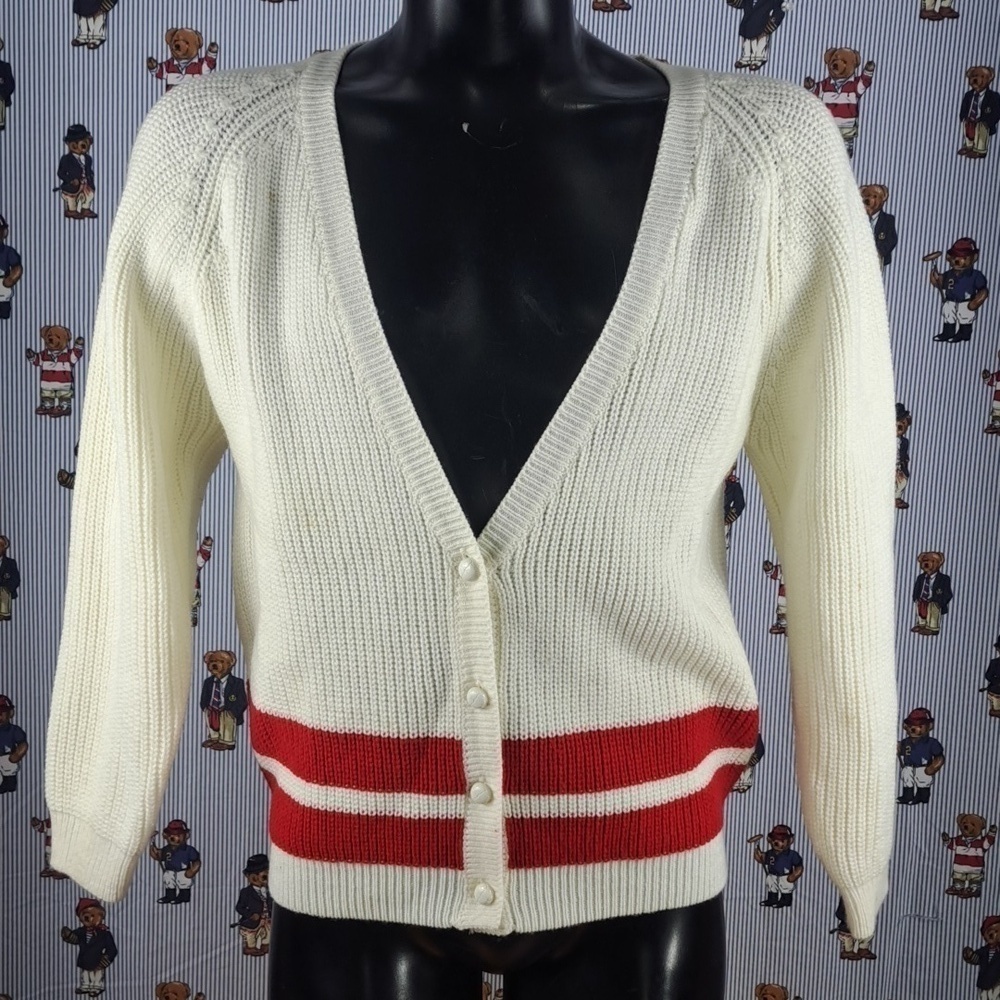 Vintage Women's Emily's Closet white & red stripe Med knir cardigan sweater